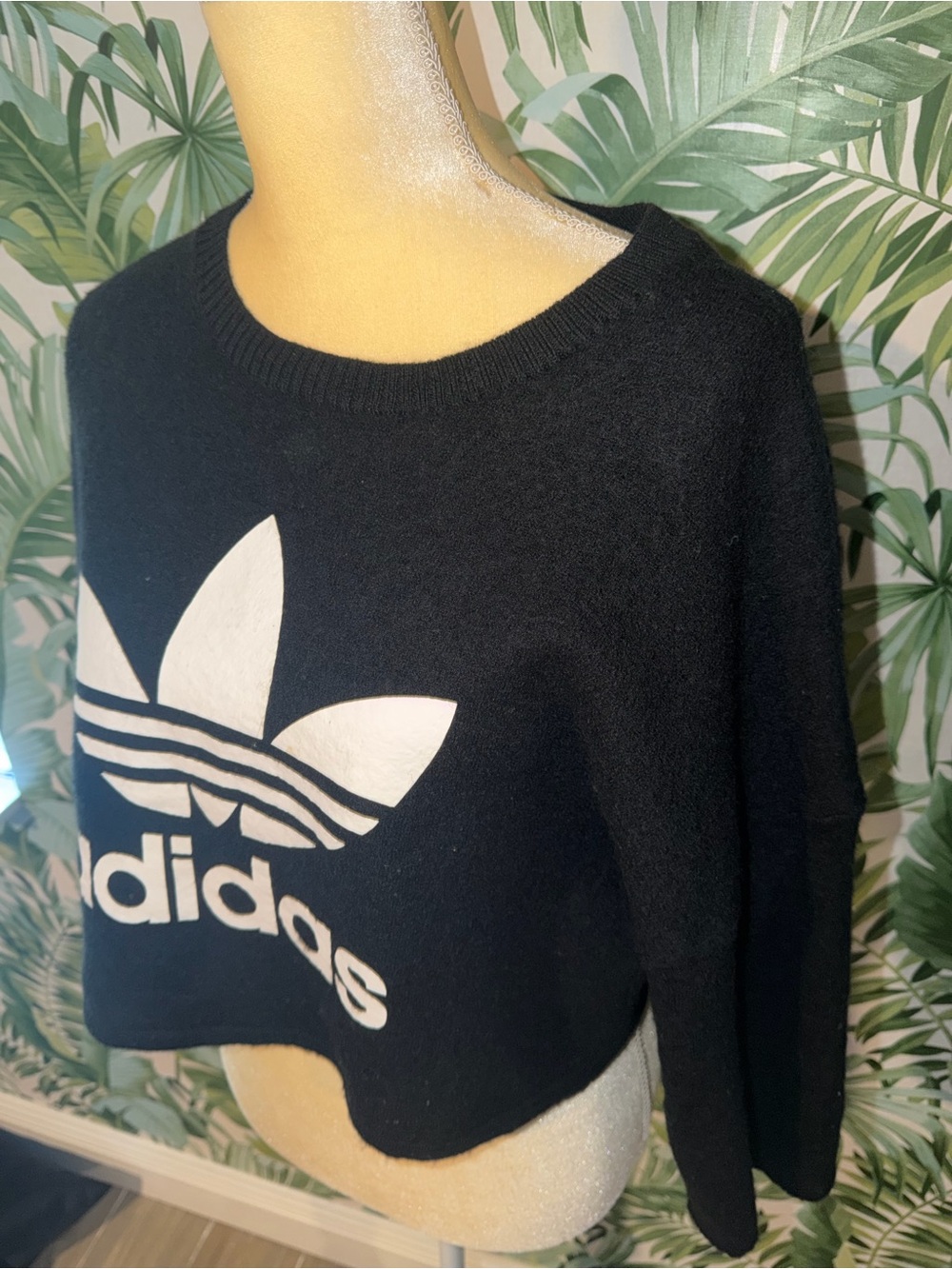 adidas Black Cropped Trefoil Wool Sweater with White Logo Small - Picture 4 of 8
